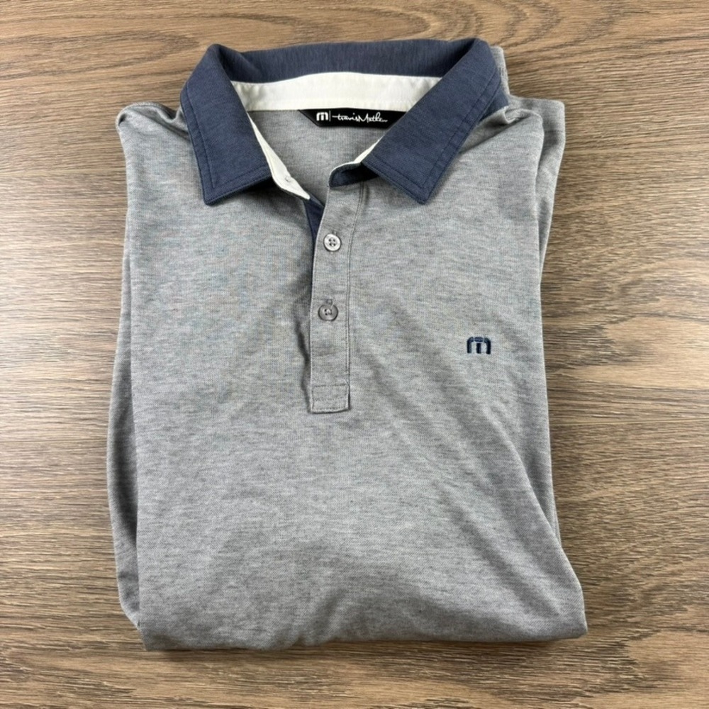 TravisMathew Mens XL Gray Short Sleeve Golf Polo Shirt Navy Blue Collar Pique